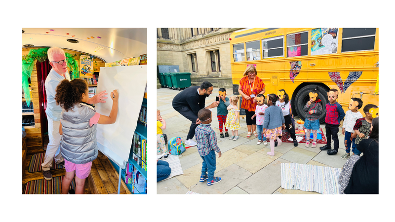 Two images: One featuring a child drawing on a flipchart with some help from a Bradford Stories Literacy Champions, and the second image featuring children getting involved with storytelling activities outside the Bradford Stories Bus
