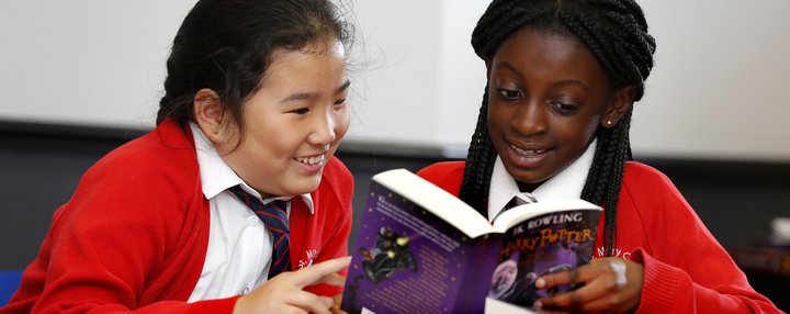 Two young girls happily reading books for pleasure