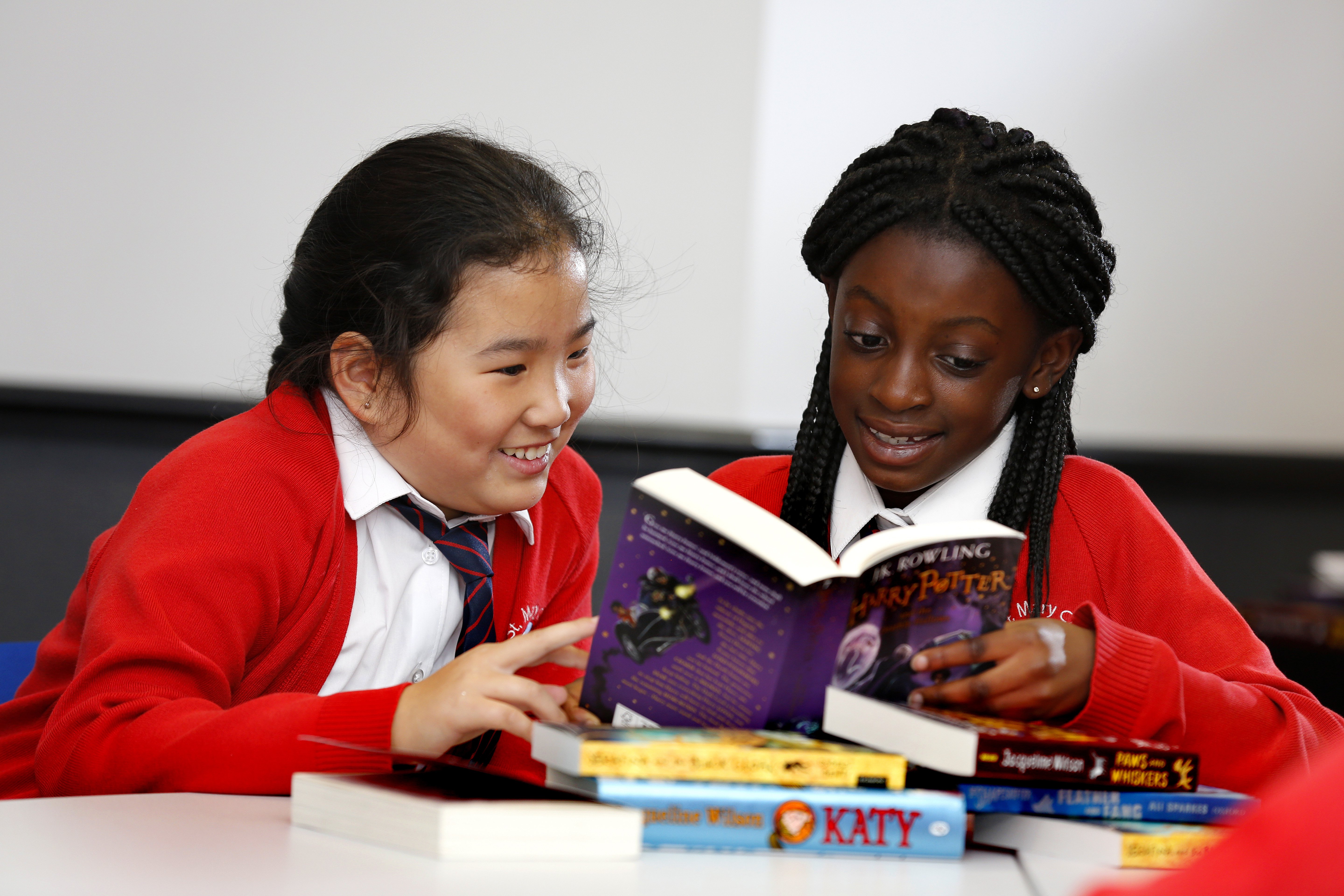 Two young girls happily reading books for pleasure