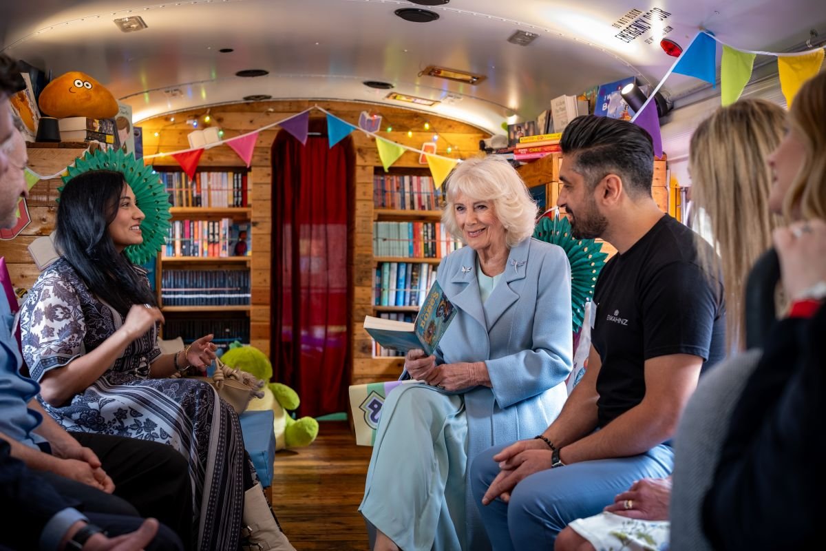 Her Majesty The Queen visits The National Literacy Trust in Bradford and sits in the bus