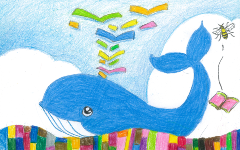 Blue whale with books coming from blowhole and a bee on the right emerging from a book